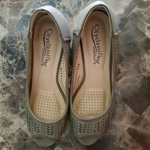 Olive green peep toe wedges